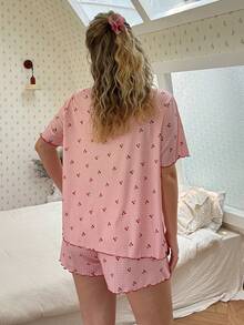 CottageSlumber Plus Size Women Plaid Cherry Print Rolled Hem Short Sleeve Shorts Pajama Set - Pink - View 3
