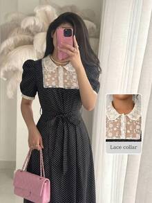 Mulvari Đầm midi nữ màu đen dệt chấm bi tay ngắn phối lưới hoa, dáng chữ A, thanh lịch và lãng mạn, thích hợp cho mùa xuân/hè. - màu đen - Xem 3