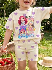 White,Summer,Cute,Graphic,Family Matching Lavender Heart K-POP Cartoon Girl Portrait Print 2-Piece Set,Short Sleeve T-Shirt & Bike Shorts,Sports Wear - Multicolor - View 4
