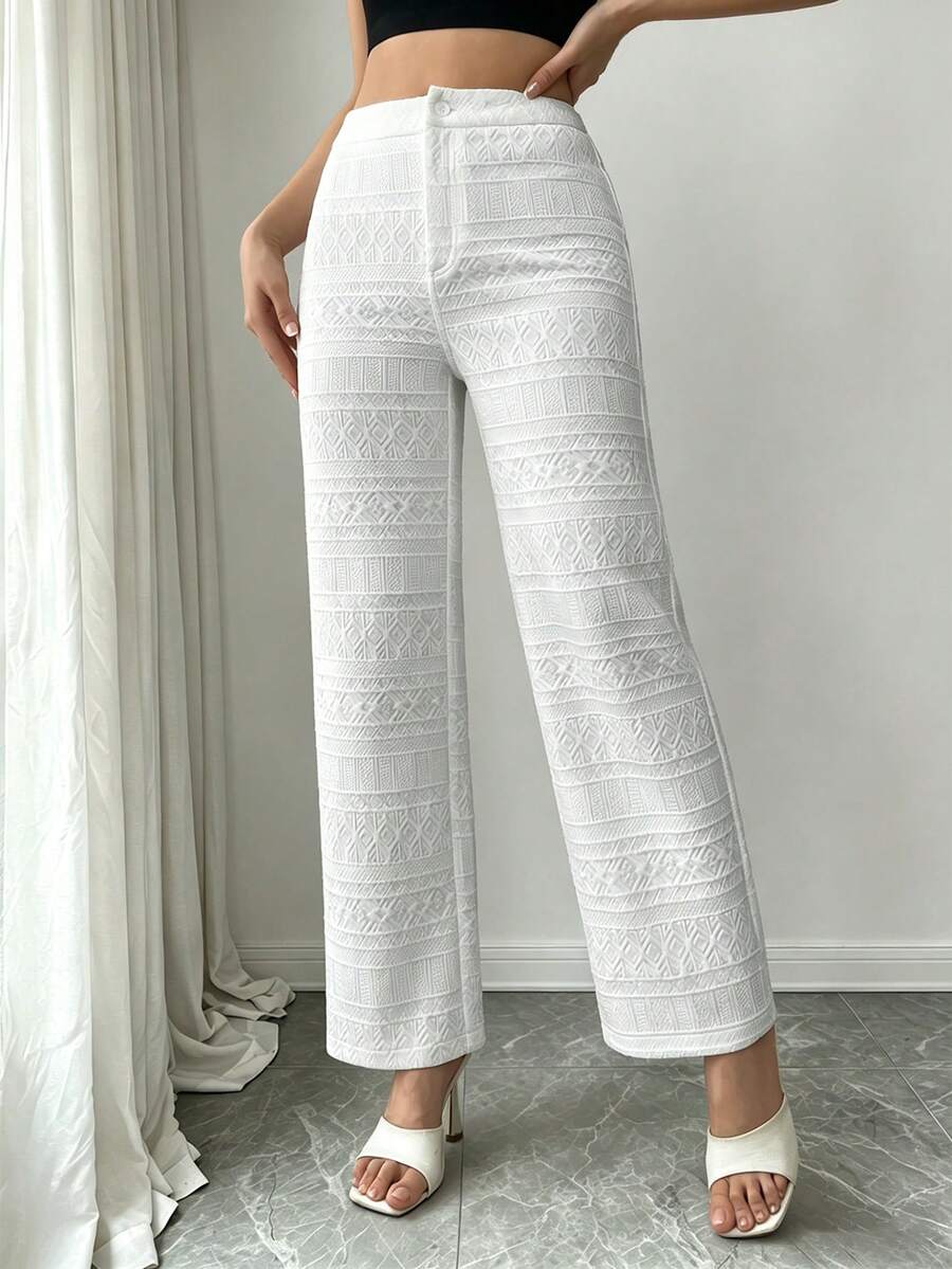 Modelyn Women's French Jacquard Textured Loose Straight Leg Pants - Apricot - View 1