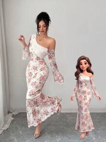 Modelyn Spring & Summer Elegant Lace Print Asymmetric Neck Flare Sleeve Ruched Waist Dress - Multicolor - View 4