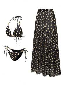 SHEIN Swim Oasis 女士黑色和黄色波点露背性感沙滩度假比基尼三件套，夏季 - 黑色 - 查看 5