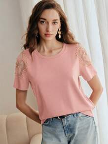 2026 Camiseta ajustada de mujer de manga corta con cuello redondo, diseño de hombros calados y cuentas de unicolor - Rosa - Ver 5