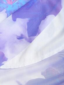 Sweetra 女士时尚百搭甜美印花荷叶边抹胸连衣裙 - 紫羅蘭色 - 查看 3