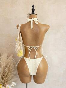 Bellisia New Women's Knitted Jacquard Textured Beige Two Pieces Bikini Set With Starfish & Shell Decor, Halter Neck, Deep V-Neck, Backless, Side Tie Triangle Bottoms, Beach Casual Vacation Swimwear (Random Accessories) - Apricot - View 2