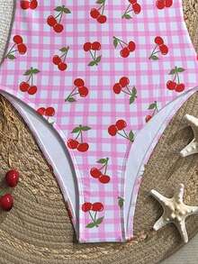Swim Mod Women's Sweetheart Neck Plaid & Cherry Print One-Piece Swimsuit - Multicolor - View 7