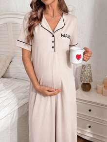 Moonlight&Mama Solid Color Comfortable Fabric Letter Print "MAMA" Front Pocket Snap Button Short Sleeve Maxi Maternity Dress/Nightgown - Apricot - View 6