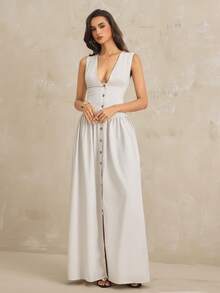 SHEIN Tall 女士优雅简约卡其色亚麻质感V领无袖连衣裙，收腰设计，纽扣衬衫裙，飘逸半身裙，休闲连衣裙，复古风连衣裙，简约连衣裙，度假连衣裙 - 卡其色 - 查看 1