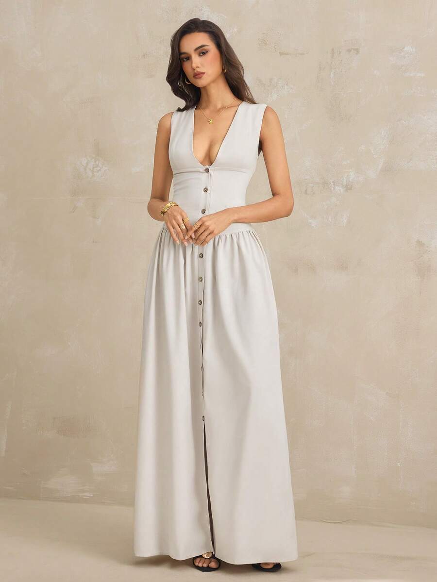 SHEIN Tall 女士优雅简约卡其色亚麻质感V领无袖连衣裙，收腰设计，纽扣衬衫裙，飘逸半身裙，休闲连衣裙，复古风连衣裙，简约连衣裙，度假连衣裙 - 卡其色 - 查看 1