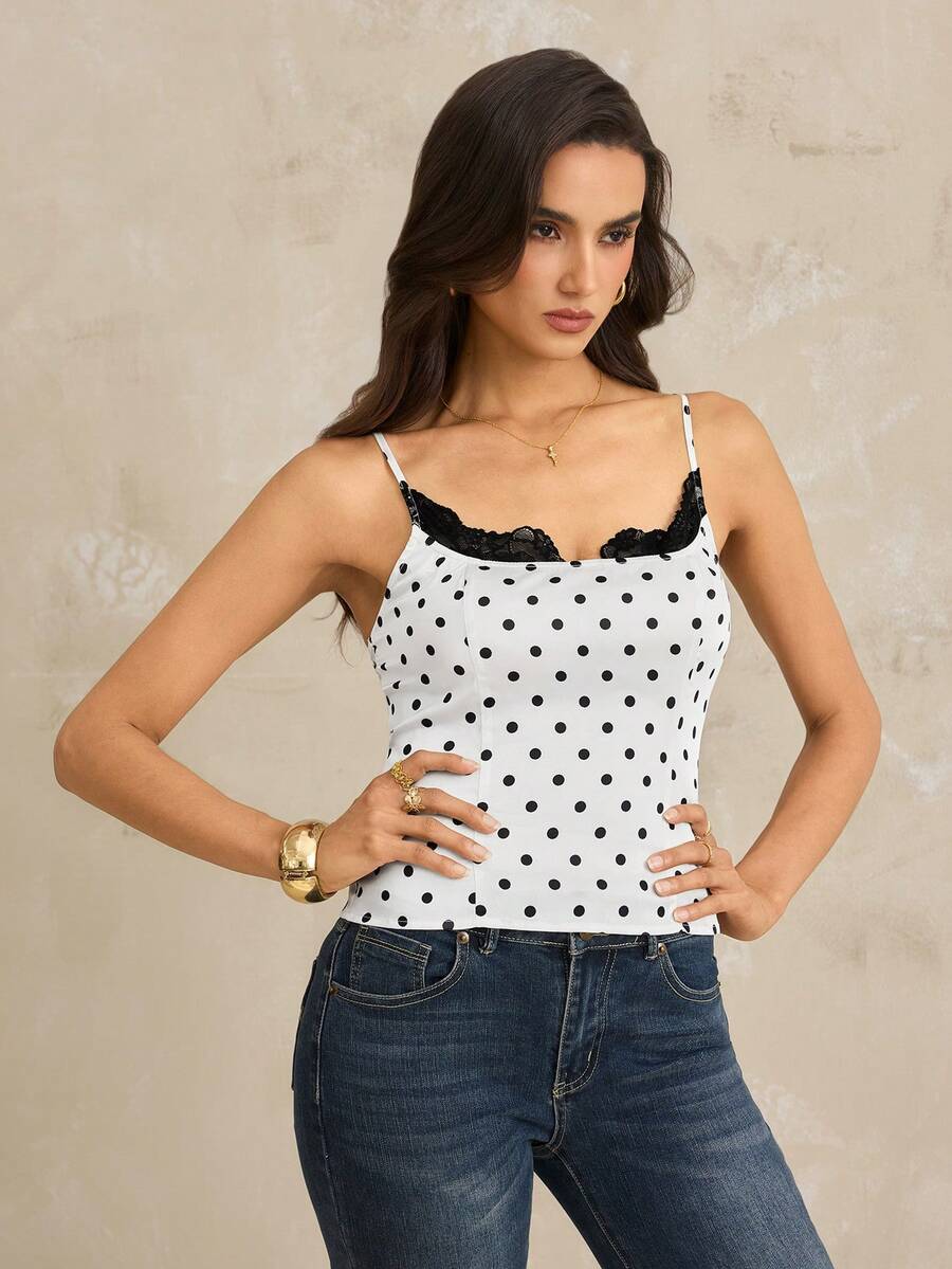 SHEIN Tall Áo hai dây ôm sát cơ thể gợi cảm màu đen viền ren cổ bẻ họa tiết chấm bi đen trắng dành cho nữ - trắng - Xem 1