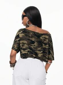 Vadaroq Camiseta corta con cuello asimétrico y estampado gráfico, ropa urbana chic de estilo Y2K para uso diario de mujer en primavera/verano - Multicolor - Ver 5