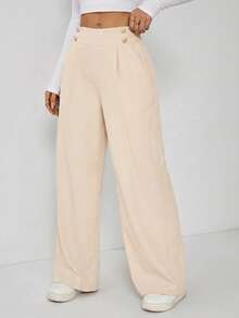 SHEIN EZwear Summer Elegant Casual Metal Double Button Straight Leg Office Pants, Beige, Plus Size - Beige - View 5