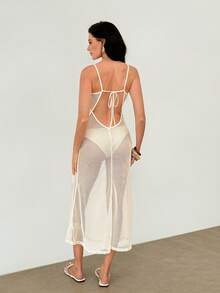 SHEIN Women's Sexy Beige Mesh Sheer Camisole Dress, Beach Party Cover Up For Swimsuit, Vacation Wear Summer - Beige - View 2