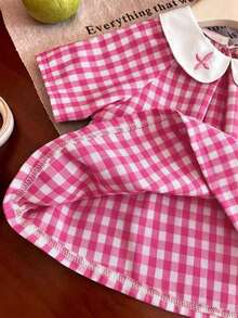 Souflis Souflis 2pcs Baby Girl Infant Toddler Newborn Spring/Summer Elegant Princess Pink Plaid Peter Pan Collar Ruffle Blouse + Shorts Set - Pink - View 5