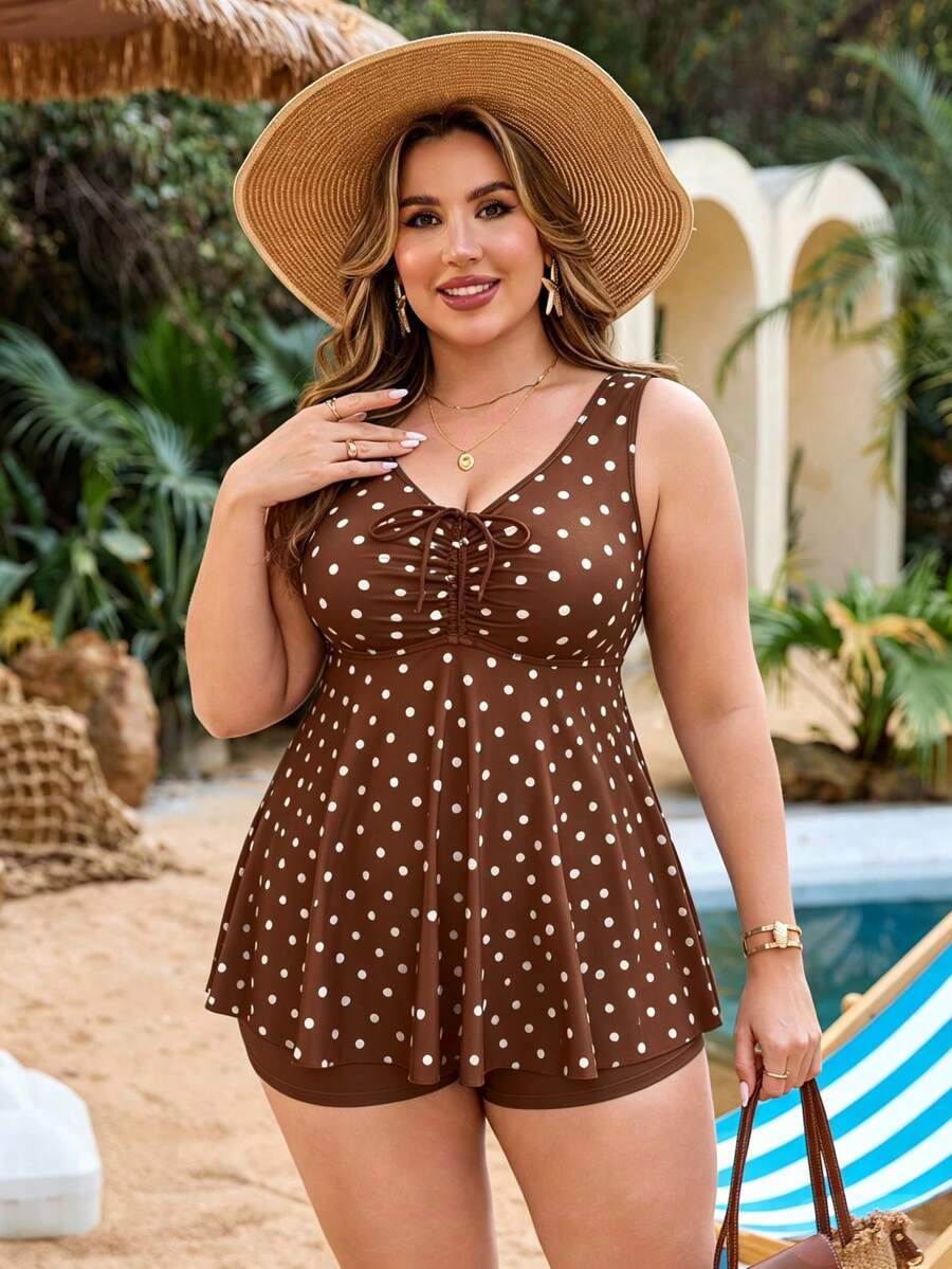 SHEIN Swim 大码女式两件套随机印花吊带泳衣套装，前抽绳收腹，简约海滩度假风