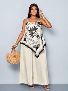 SOLERSUN Plus Size Women's Summer Boho Filipiniana Black And White Vacation Jumpsuit, Sleeveless V-Neck Wide Leg Pants, Tropical Coconut Tree Print - Apricot - View 6