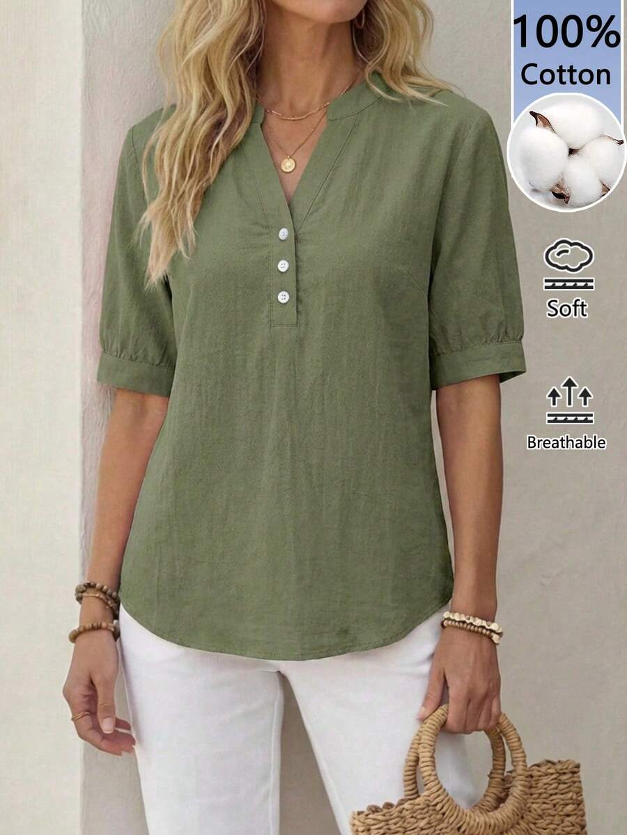 EMERY ROSE Camisa verde militar 100% algodón para mujer, versátil para el trabajo, el transporte, el uso casual y las vacaciones - Negro - Ver 1