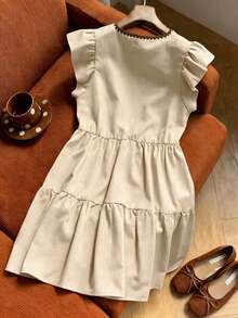 GlowEve Đầm ngắn nữ thanh lịch mùa xuân/hè màu be nhạt, chất liệu cotton đã qua xử lý, thiết kế nơ thêu họa tiết vỏ sò màu nâu tương phản, tay áo loe, dáng ôm, tôn dáng. - Màu be - Xem 2