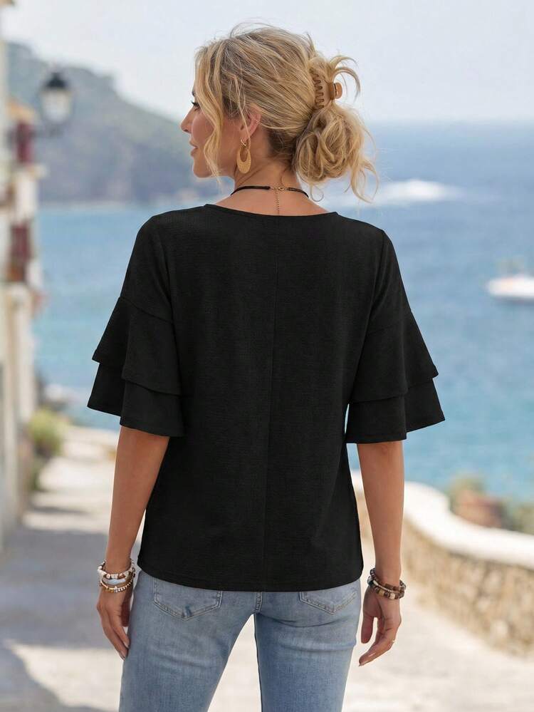 Women's Double Layer Ruffled Hem Short Sleeve T-Shirt