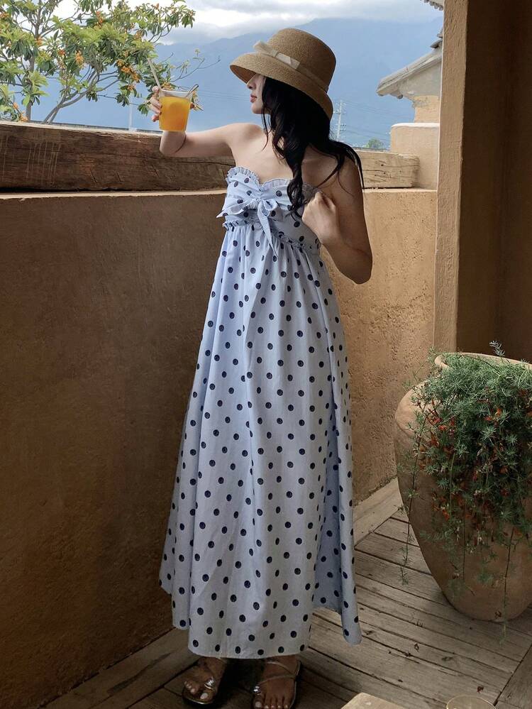 Women's Casual Ruffled Polka Dot Sleeveless Fitted Dress Vacation Outfits Women