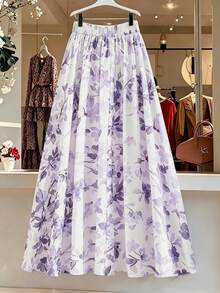 GlowEve CURVE Plus Size Women's Floral Print Elastic Waist Ruched A-Line Skirt Suitable For Spring Summer Date Night Vacation White Elegant - Purple - View 2