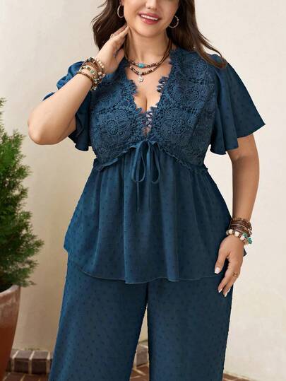 Comfylo Woven Textured Plus Size Solid Color Short Sleeve Lace-Up 2 Pieces Set, Summer