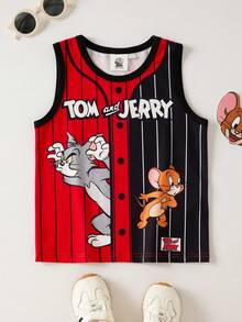 TOM & JERRY X SHEIN Tank Top Kasual Anak Laki-Laki Motif Kartun Garis-Garis Blok Warna, Musim Panas - Merah - View 1