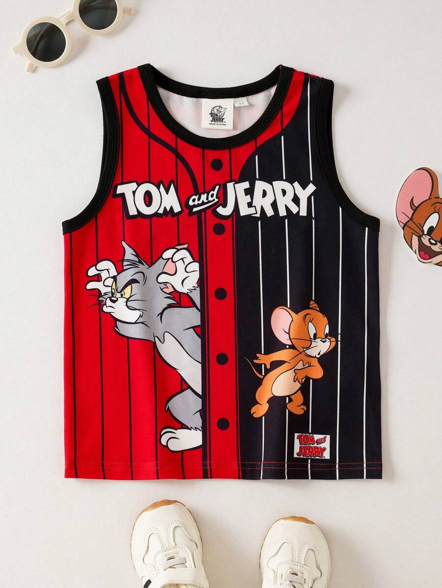 TOM & JERRY X SHEIN Tank Top Kasual Anak Laki-Laki Motif Kartun Garis-Garis Blok Warna, Musim Panas - Merah - View 1