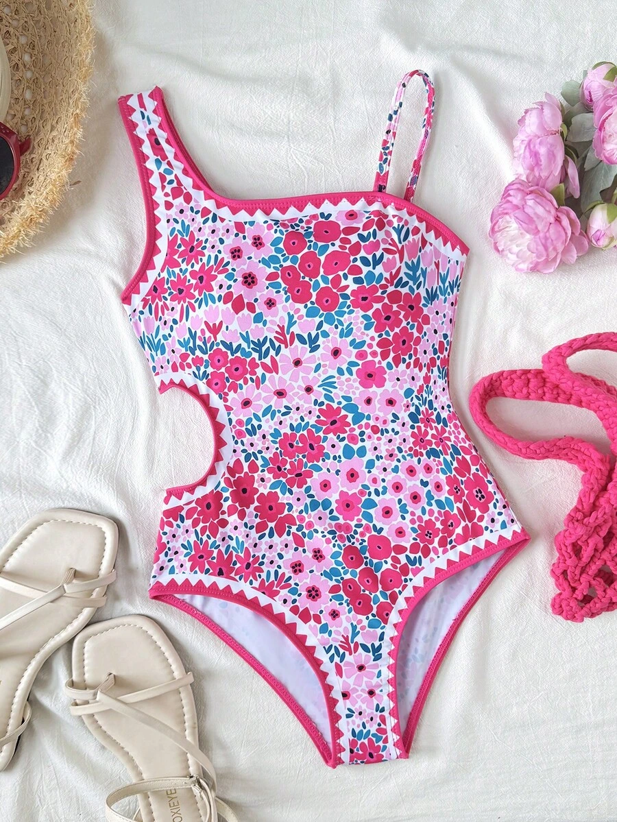 SHEIN Bộ bikini kiểu dáng thường ngày, dễ thương, mang hơi hướng nhiệt đới dành cho bé gái tuổi teen, thích hợp cho bãi biển và kỳ nghỉ. - Hồng - Xem 1