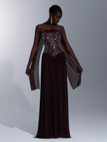 Elitara Elegant Minimalist Asymmetric Pleated Rhinestone Embellished Sexy Ruffle Hem Strapless Maxi Dress (Detachable Strapless), Formal Evening Gown - Coffee Brown - View 8