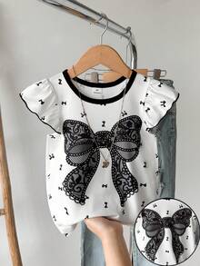 SHEIN Elladie kids Young Girl' Cute Ruffle Trim Short Sleeve T-Shirt, Suitable For Daily Outings And Vacation, Summer - White - View 5