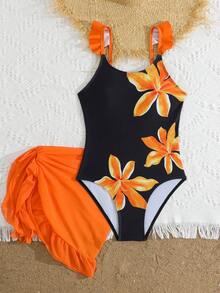 SHEIN Tween Girl Floral Print Ruffled One-Piece Swimsuit And Sarong Two Pieces Set, Summer Beach Vacation - Black - View 6