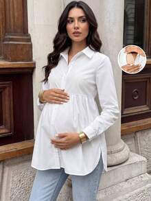 MaterniWear 办公室、商务孕妇工作服休闲纯色哺乳上衣，适合孕妇，秋季哺乳期孕妇棉质衬衫 - 白色 - 查看 10