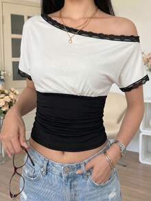Aidyla 女士春夏黑白针织拼接斜领收腰短袖蕾丝边休闲/工作衬衫 - 彩色 - 查看 5