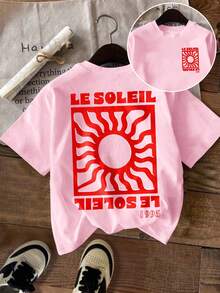 DrmWander Plus Size Summer Casual Sun & Letter Print T-Shirt - Pink - View 3