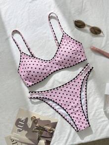 Swim Mod 棕色波点印花荷叶边可爱休闲沙滩度假女士泳装套装 - 粉色 - 查看 2