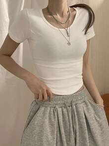 Camiseta básica de manga corta de cuello redondo y unicolor blanco para mujer, primavera/verano - Blanco 5 - Ver 7