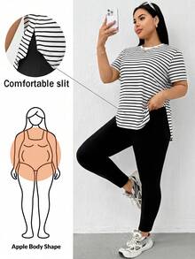 Shapeblank 大码女装春夏时尚休闲宽松弹力舒适日常百搭显瘦短袖条纹上衣搭配黑色紧身牛仔裤两件套，夏季服装，裤装套装，街头风，机场穿搭 - 黑與白 - 查看 1