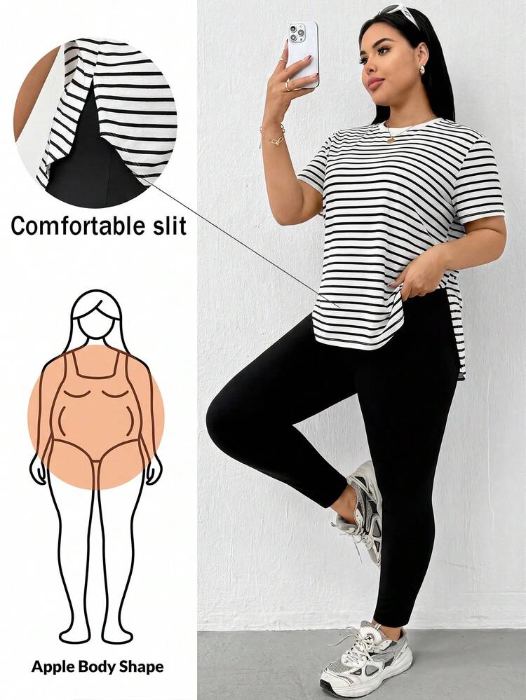 Shapeblank Bộ đồ nữ cỡ lớn mùa xuân/hè, kiểu dáng thoải mái, co giãn, dễ mặc hàng ngày, cơ bản, đa năng, tôn dáng gồm áo ngắn tay kẻ sọc và quần jean đen bó sát, quần áo mùa hè, bộ quần áo, thời trang đường phố, trang phục sân bay. - Đen và trắng - Xem 6