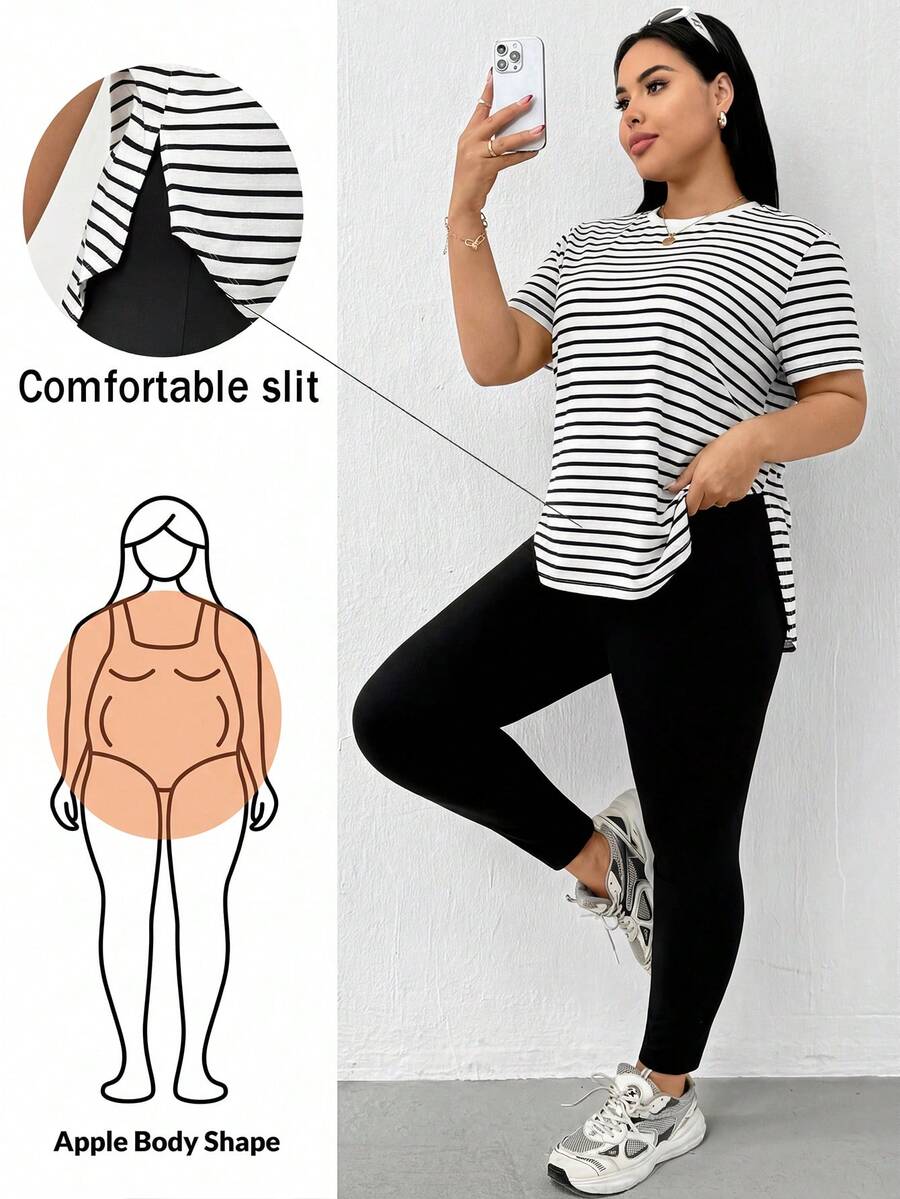 Shapeblank 大码女装春夏时尚休闲宽松弹力舒适日常百搭显瘦短袖条纹上衣搭配黑色紧身牛仔裤两件套,夏季服装,裤装套装,街头风,机场穿搭 - 黑與白 - 查看 1