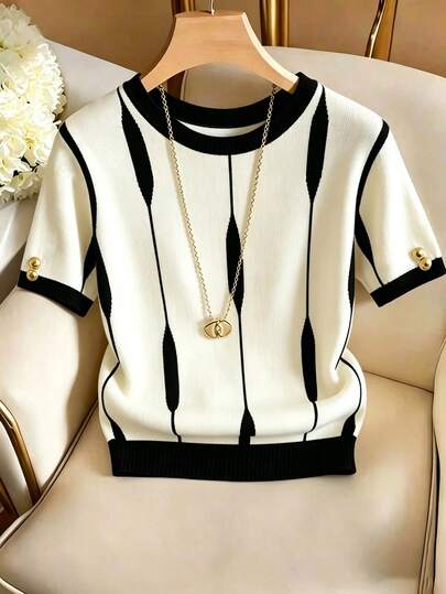 SHEIN Franclia Women's Contrast Color Round Neck Short Sleeve Casual Versatile T-Shirt