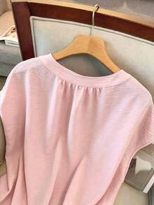 GlowEve CURVE Plus Size Women Elegant Solid Color Round Neck Contrast Color Single-Breasted Drawstring Tank Top Sleeveless Brunch Dusty Pink Summer - Baby Pink - View 4