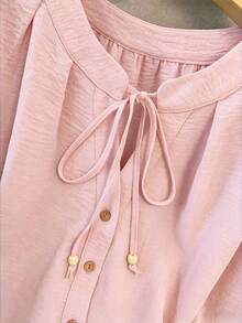 GlowEve CURVE Plus Size Women Elegant Solid Color Round Neck Contrast Color Single-Breasted Drawstring Tank Top Sleeveless Brunch Dusty Pink Summer - Baby Pink - View 6