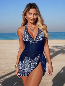Swim Lushoire Women's Printed Halter Tie Front One-Piece Swimdress - Blue - View 7