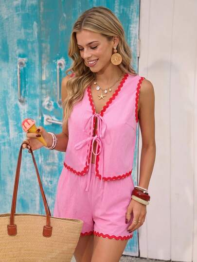  Vivid Eden Women's Summer Vacation Tie-Front Top And Skirt 2 Pieces Set, Beach Vacation Outfits For Women, Going Out Outfits ,Holiday Outfits , Pink Top And Skirt 2-Piece Set ,Casual Top And Skirt 2-Piece Set For Women 2 Piece Sets Women Cruise 2 Piece Summer Sets Women Coords Sets ,Women Summer Beach Cover Up Set Ladies Summer Holiday Clothes Resort Wear Women Vacation Dress Cabo Outfits Women Beach Outfit ,Women Summer Outfit,Women Women Vacation Outfit Sets, Pink Sets