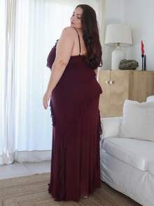 Pretty and Ole Plus Size Women's Summer Elegant Resort Date Floral Printed Stretch Mesh Halter Neck Maxi Dress, Suitable For Concerts, Graduation Commute Plus Size Dresses Burgundy Plus Size Ruffle Dress/Evening Dress/Fall/Winter Clothes/Fall Wedding Guest Dress/Classy Elegant Dress  /Formal Dress  /Y2k Dress/Party Dress /Birthday Dress /Going Out Dress  /Plus Size Dress/Curve Dress/Red Dress,Valentine's Day,Valentine Outfits For Women - Brown - View 6