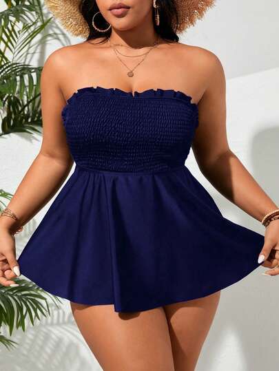 Swim Lushoire Áo tắm tankini màu trơn dành cho nữ cỡ lớn, thích hợp cho kỳ nghỉ hè ở bãi biển, có phần ngực được xếp ly.
