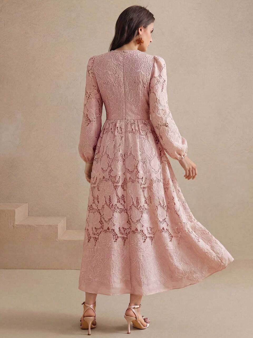 Anewsta Hollow Embroidered Mid-Length Women's Dress, Elegant For Party And Vacation Dusty Pink Autumn