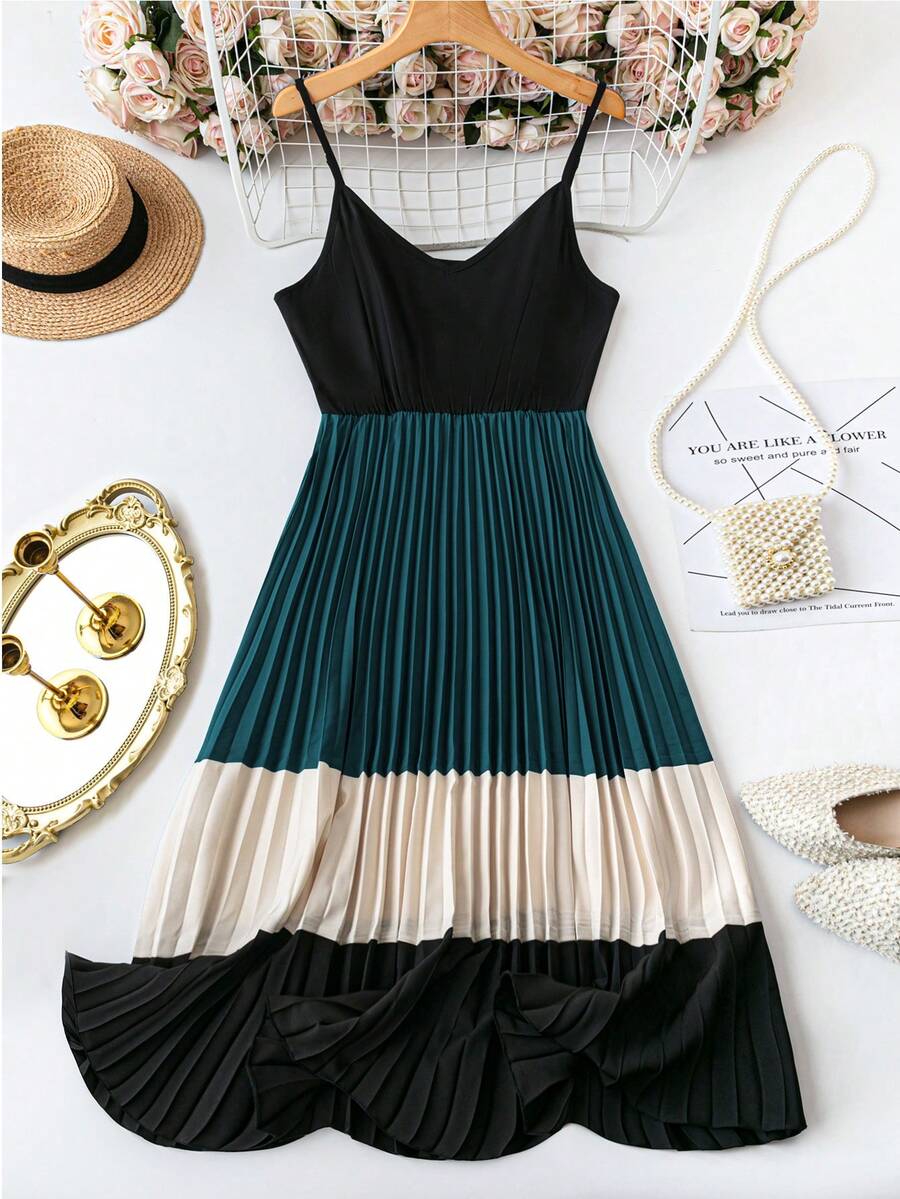SHEIN LUNE Plus Size Women's Colorblock Pleated Design Spaghetti Strap Dress - Multicolor - View 1