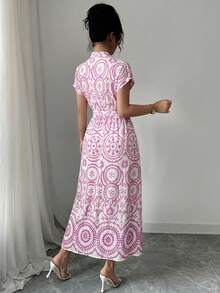 lenzga Vestido midi elegante bohemio para primavera/verano con nuevo diseño francés, de mangas cortas, escote en V, hombros caídos, cintura anudada y falda plisada en estampado azul y blanco - Azul y blanco - Ver 8